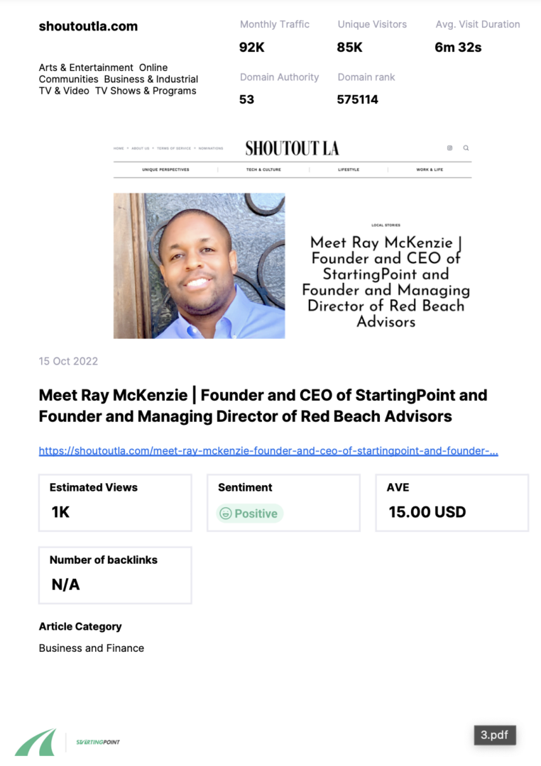Show an example of a Prowly report Ray McKenzie of StartingPoint.ai in Shoutout LA